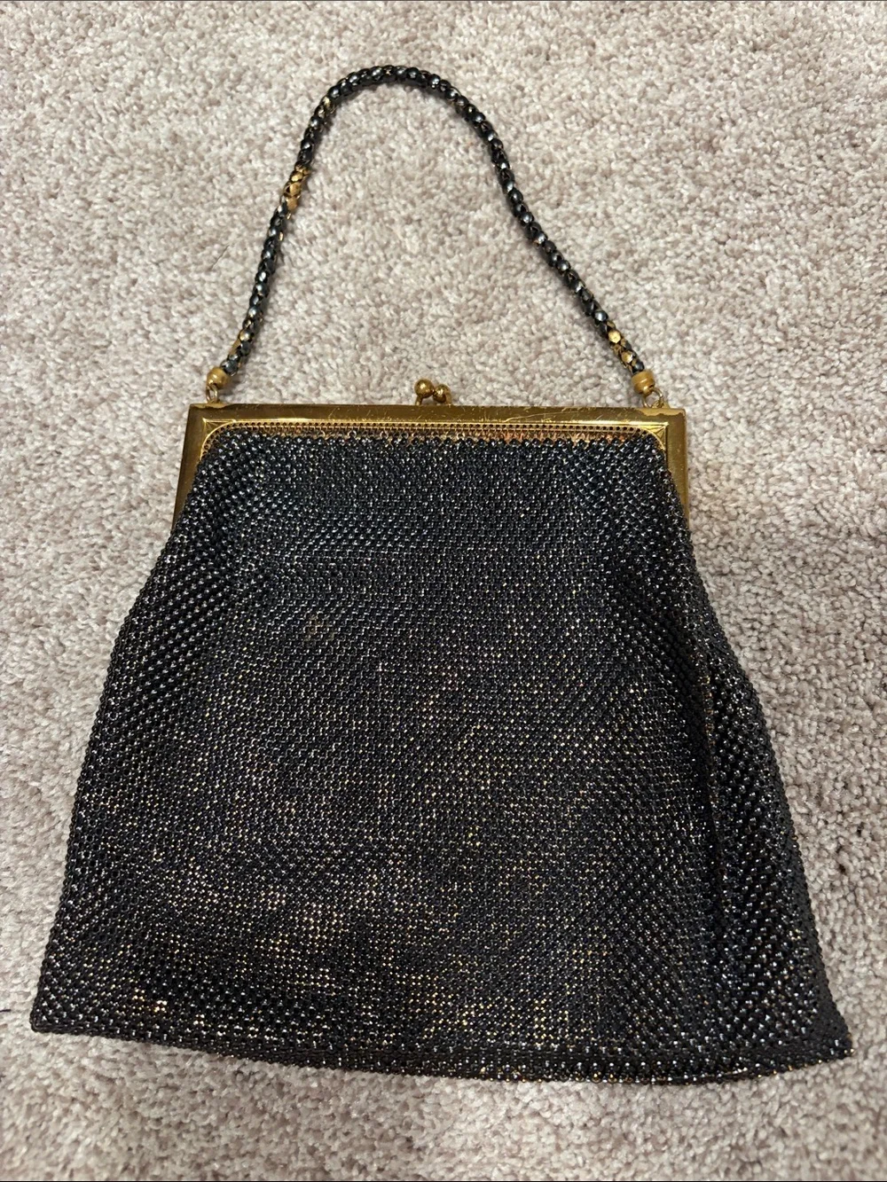 Vintage Whiting & Davis Metal Mesh Black Gold Evening Bag Copper Satin Lining
